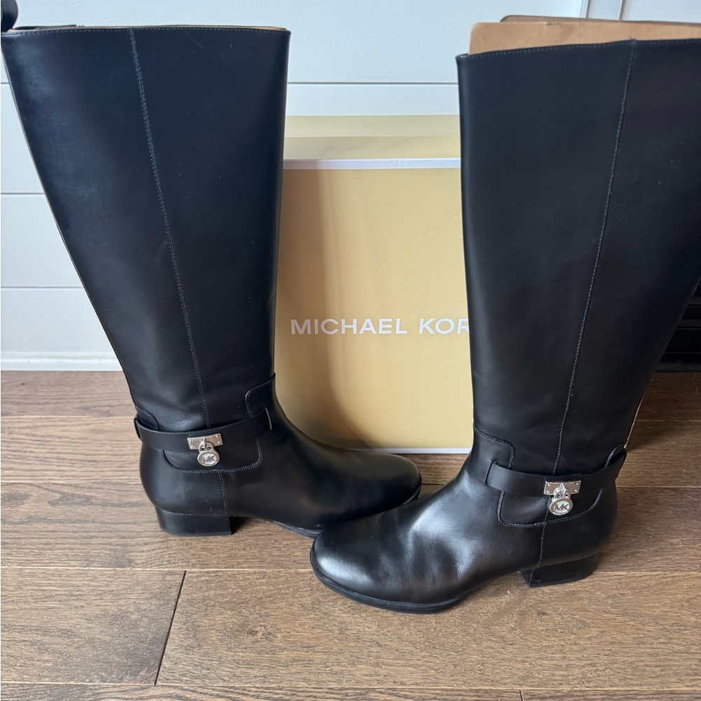 Michael Kors Black Leather Boots with Silver Accents